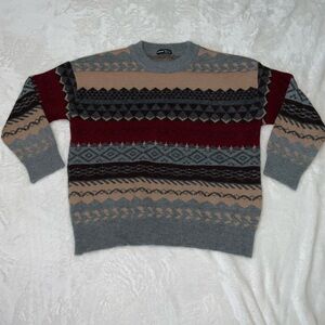 SHEIN Geometric Striped Crewneck Sweater - Brown,Gray, Red, Tan